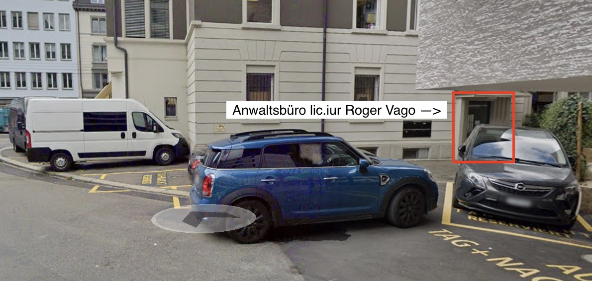 Eingang Anwaltsbüro lic.iur. Roger Vago